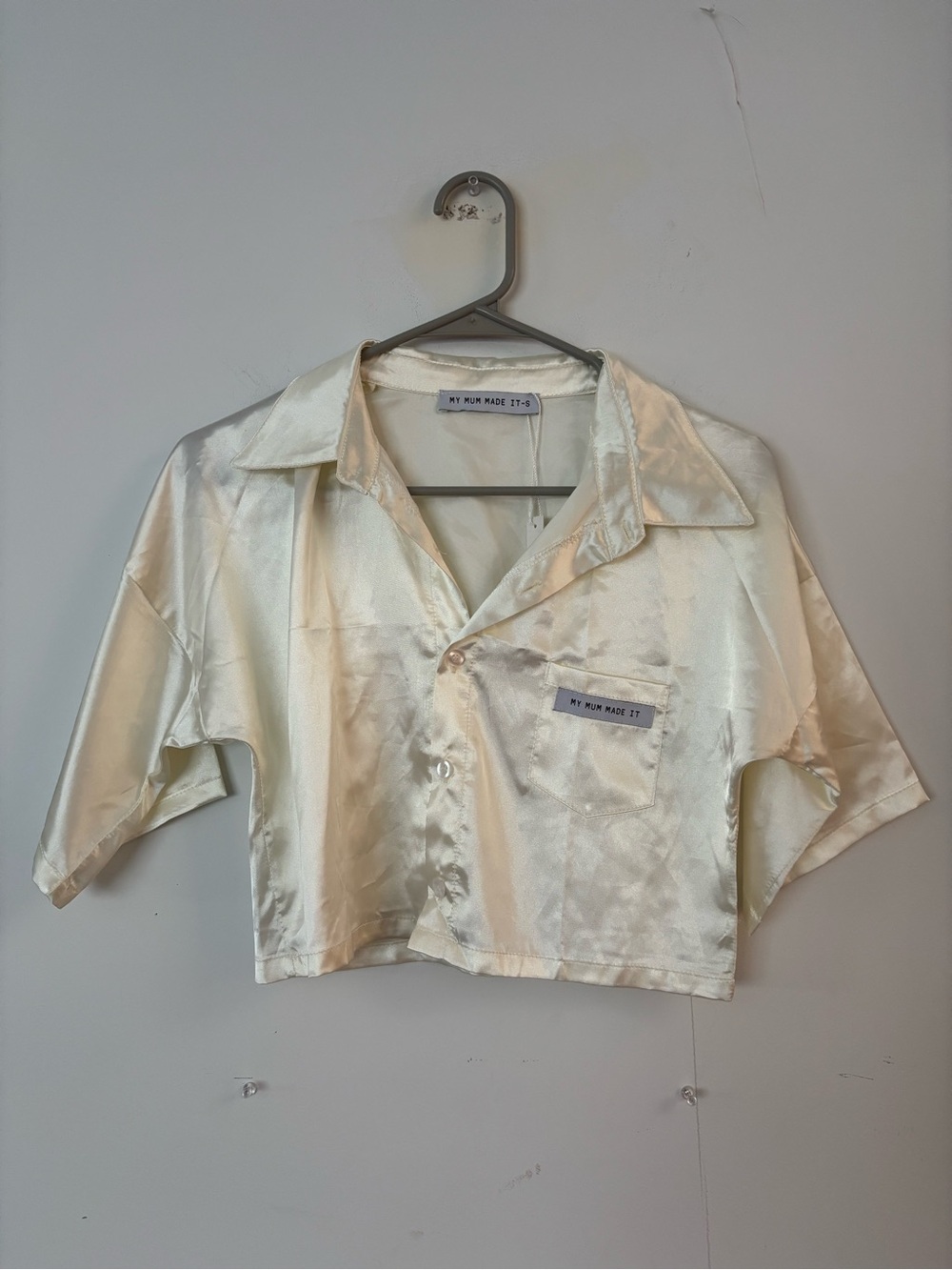 brand new! my mum made it ivory champagne silk satin boxy crop button blouse🤍